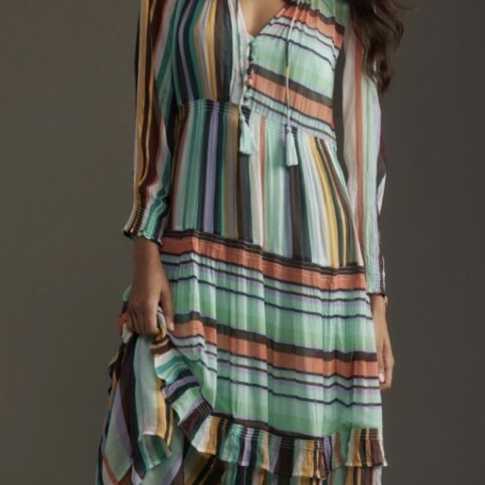 Anthropologie Green and Orange Ruffled Maxi Dress